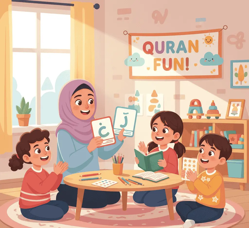 Muslim teacher in a hijab holding Arabic alphabet flashcards while teaching smiling children in a colorful classroom decorated with books, toys, and a banner that reads 'Quran Fun