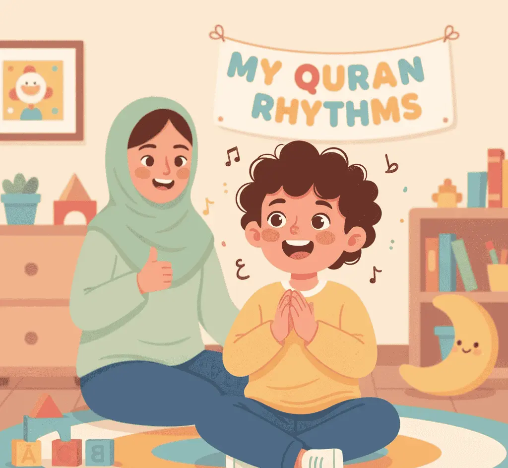 Young boy happily reciting Quran rhythms while sitting cross-legged, with a smiling teacher in a hijab giving a thumbs-up beside him. The classroom is decorated with a banner reading 'My Quran Rhythms', books, toys, and a crescent moon decoration.
