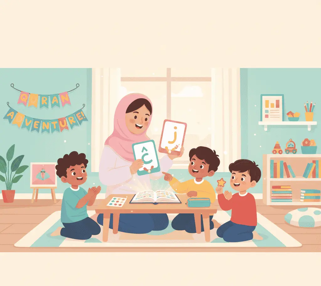 Muslim teacher with a pink hijab teaching three happy children using Arabic alphabet flashcards and an open Quran on a low table, in a bright classroom decorated with books, toys, and a banner reading 'Quran Adventure.