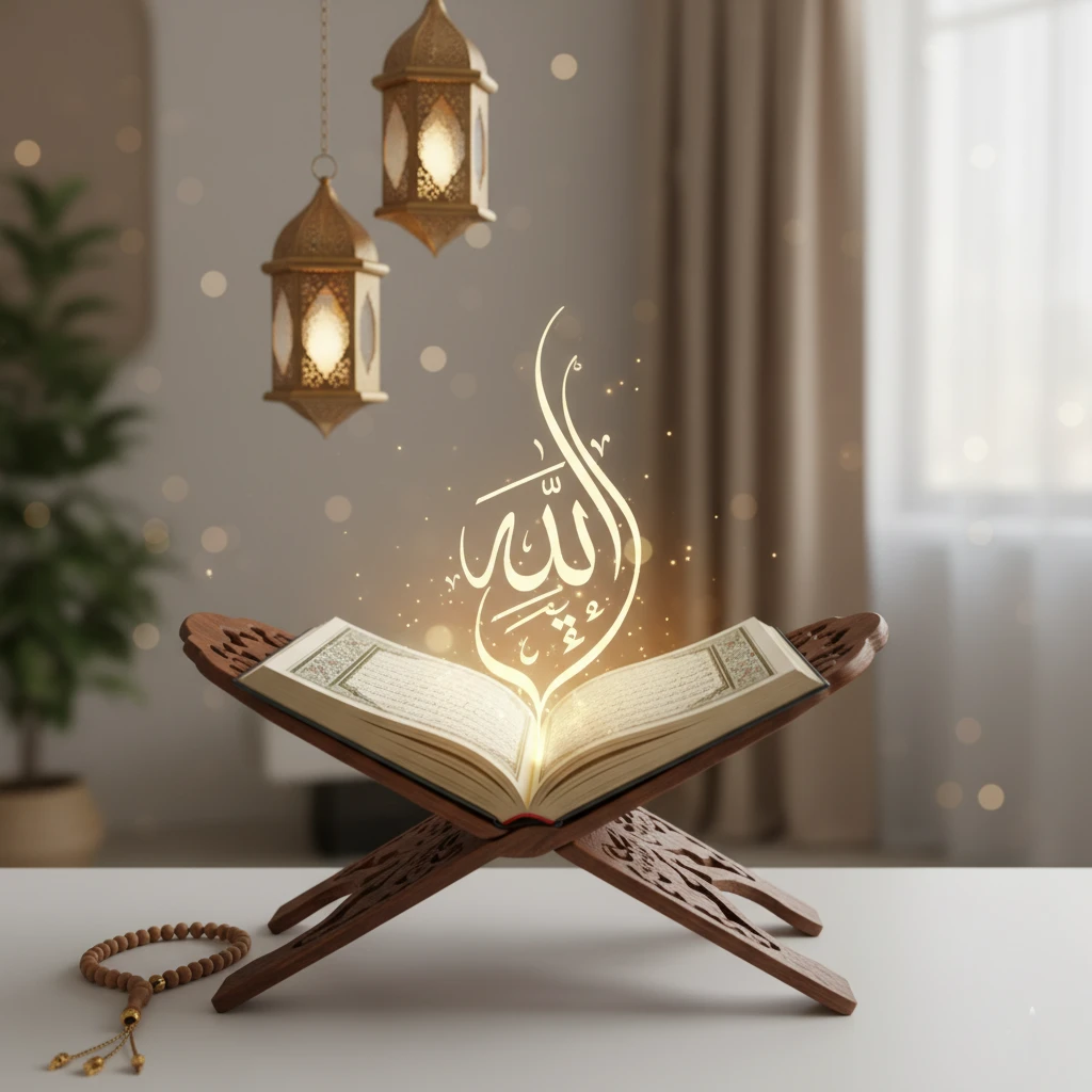 An open Quran on a wooden stand glows with ethereal light and Arabic calligraphy, accompanied by prayer beads and two hanging lanterns.