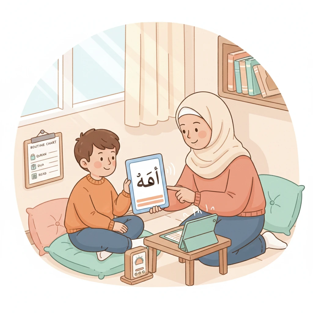 A mother and her child reading the Quran together in a warm, decorated room with plants and soft lighting.
