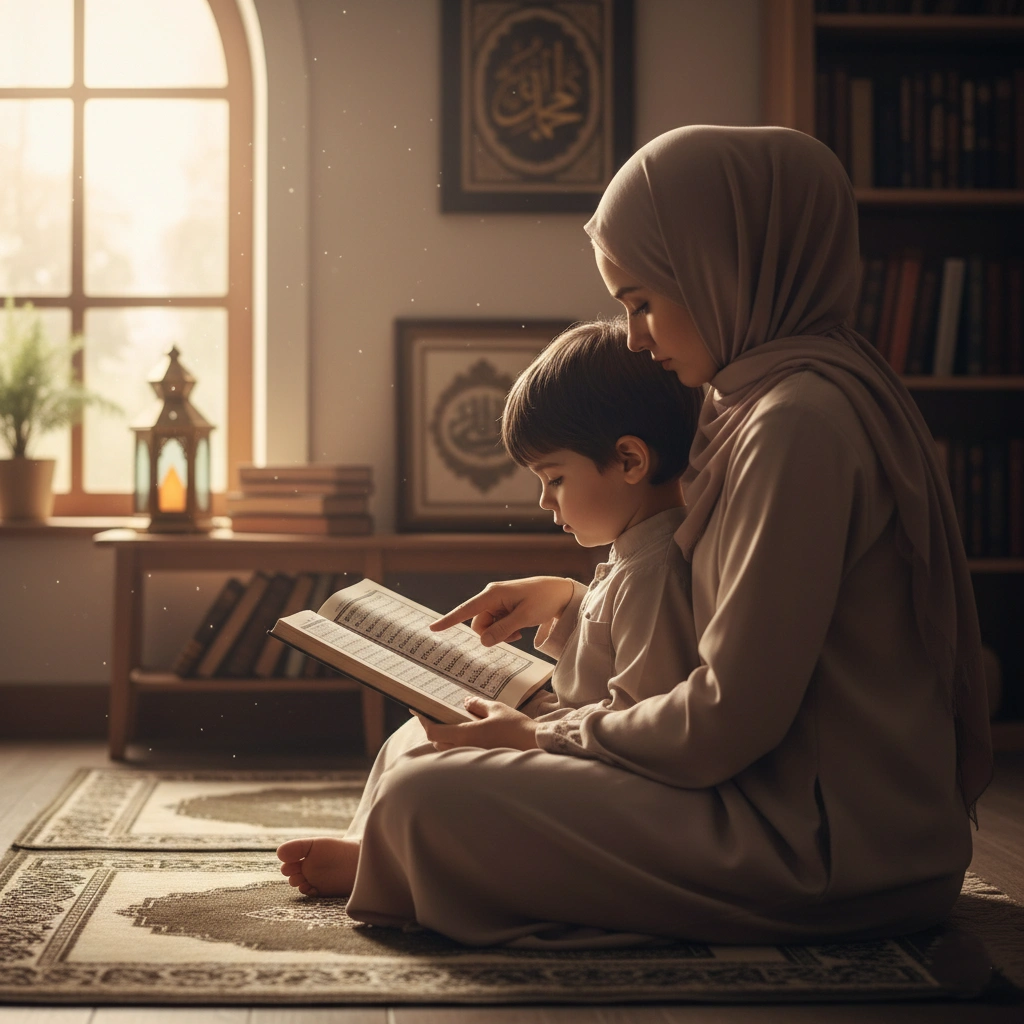A realistic scene of a Muslim parent guiding a young child as they read the Quran together on a prayer mat in a softly lit room.