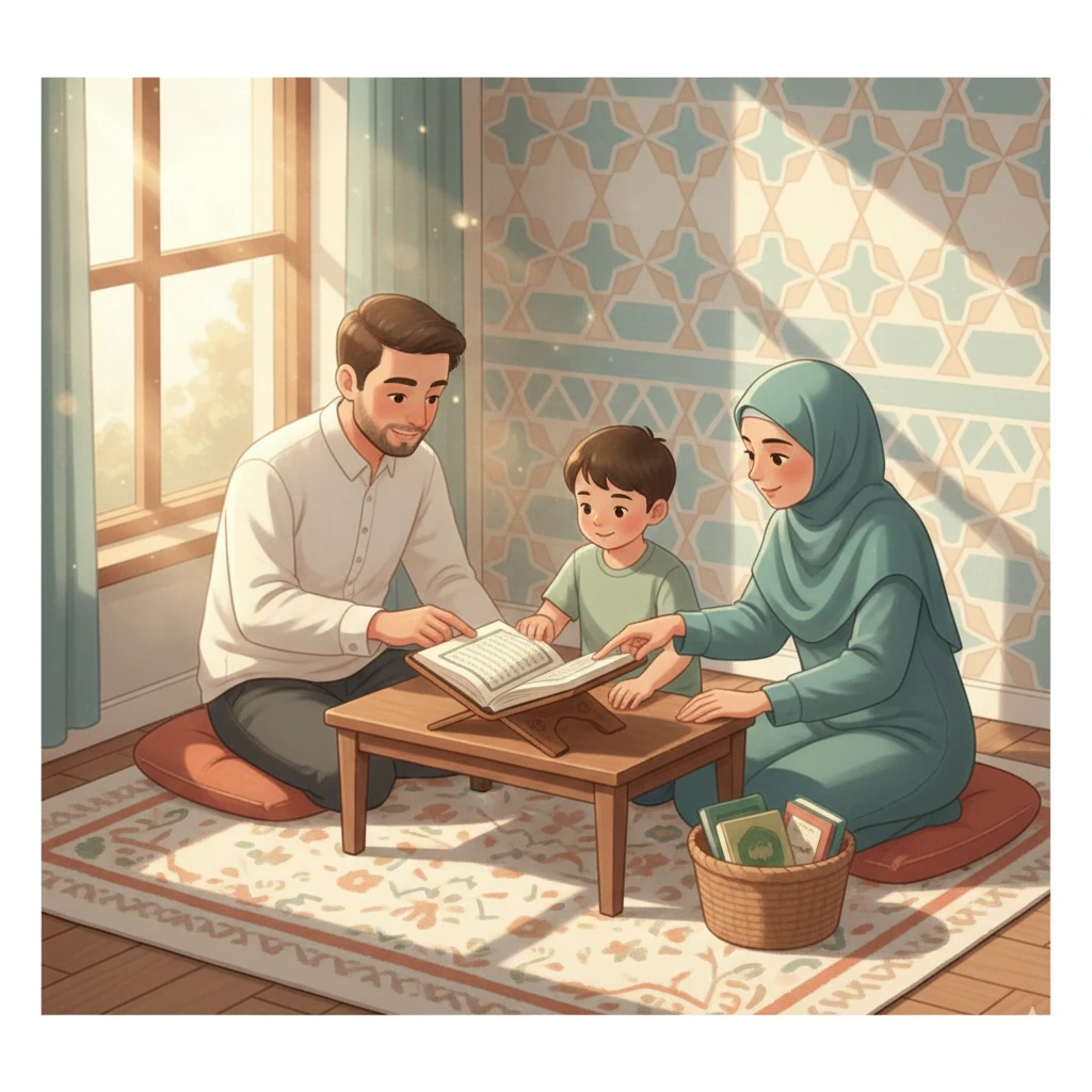 A Muslim mother and father gently teaching their young child to read the Quran in a warm, sunlit room.