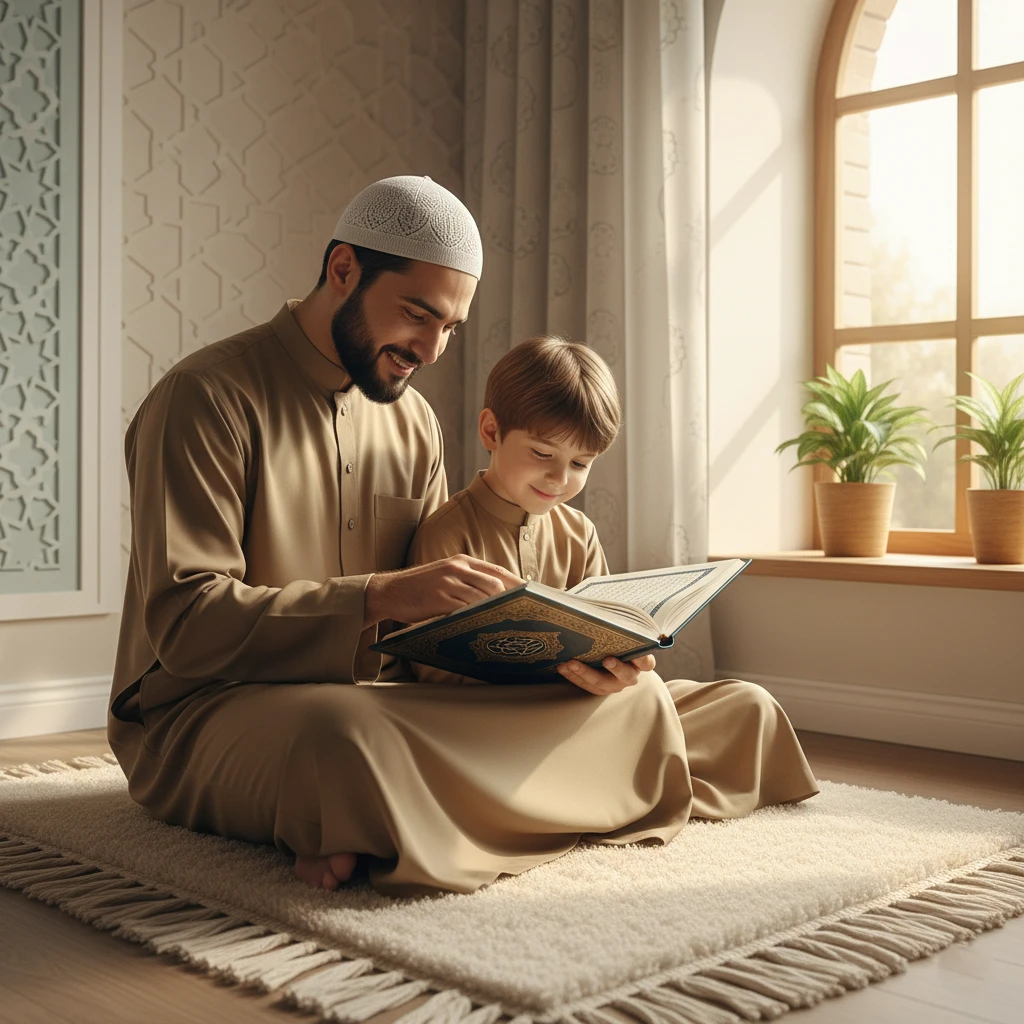 A Muslim man and a boy in traditional attire read a book together on a rug, bathed in sunlight from a window.