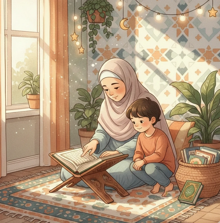 A mother teaching her child Quran words using a digital tablet in a cozy learning corner with a routine chart in the background.