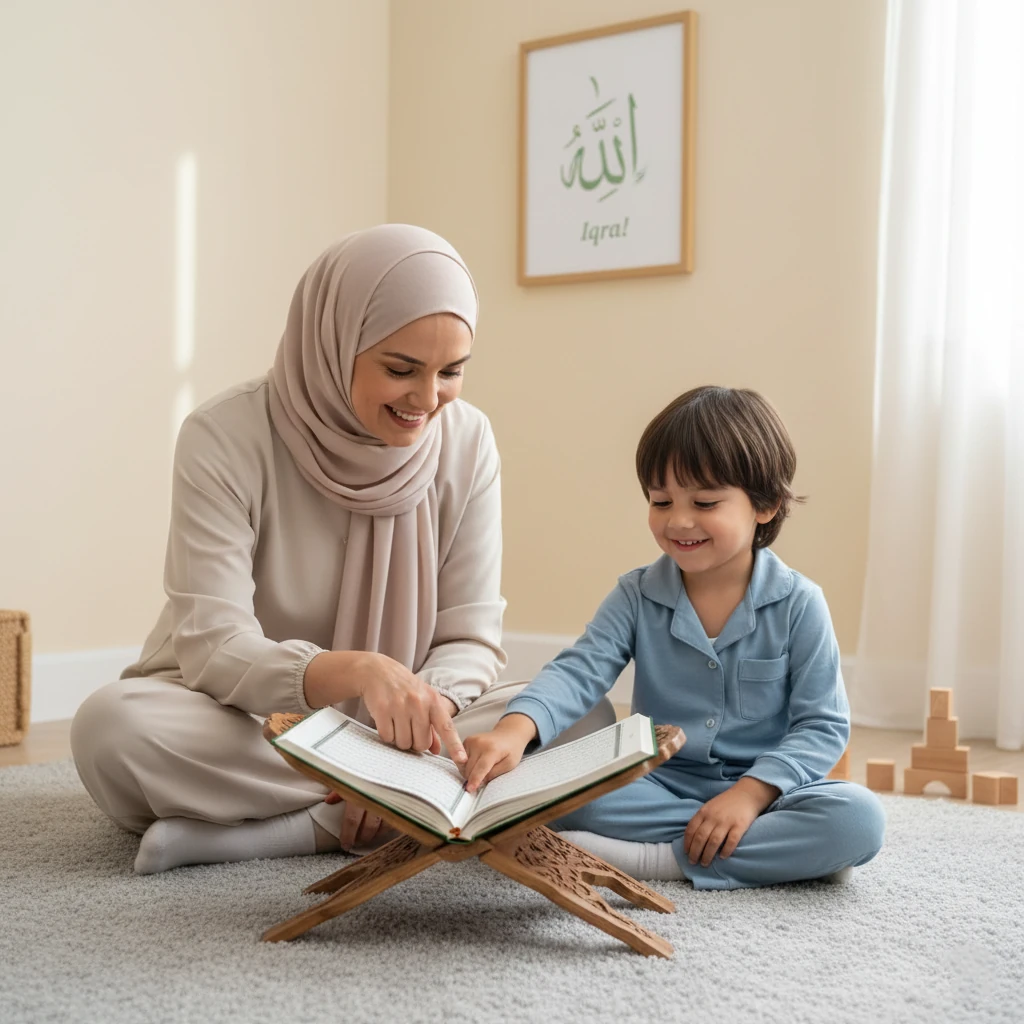 Mother gently guiding her child during early Quran learning at home in a calm and supportive environment