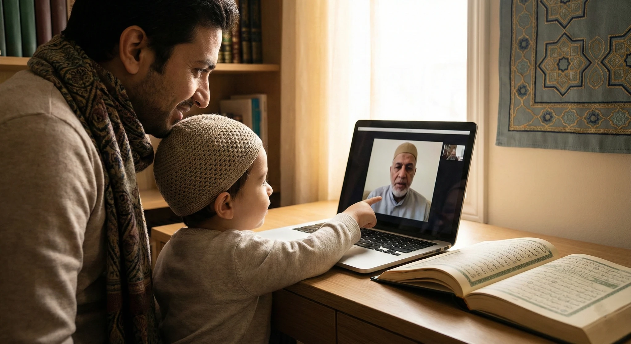 father helping his kid to recite Quran with online certified tutor.