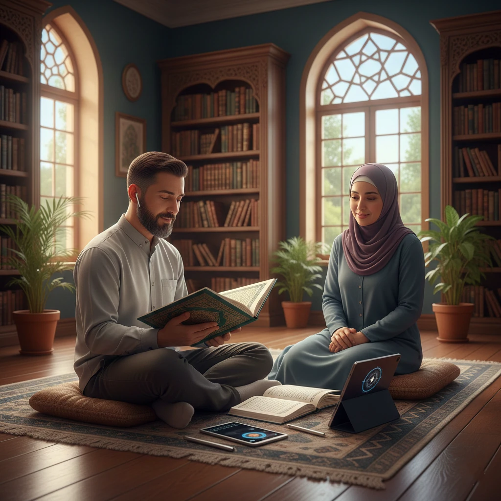 Elder brother practicing Quran recitation while parent observes supportively in tidy study area