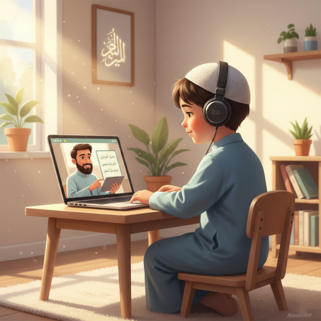 Parent supporting a child during an online Quran learning session at home