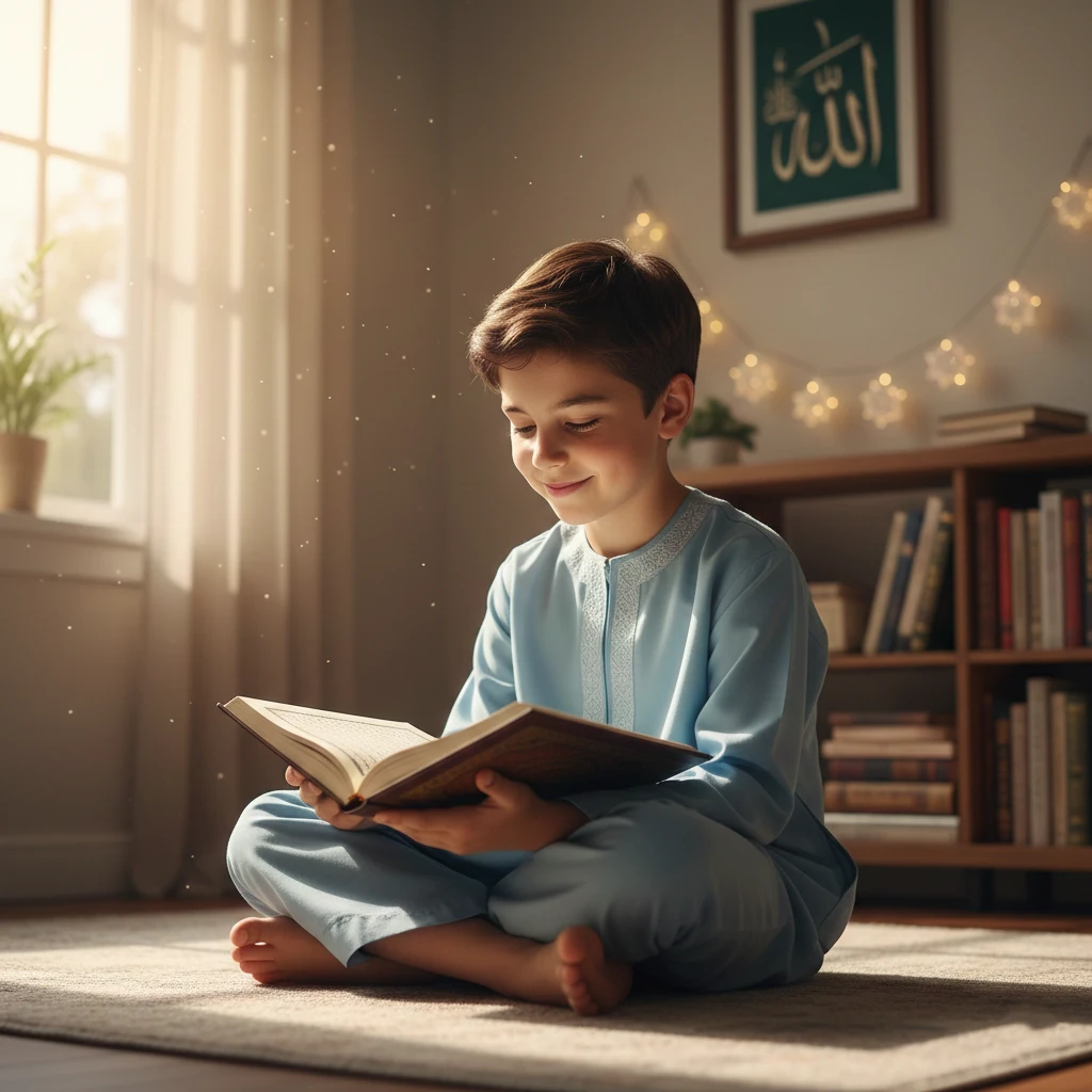 Young child confidently reading the Quran alone, showing comfort and familiarity with early Islamic learning