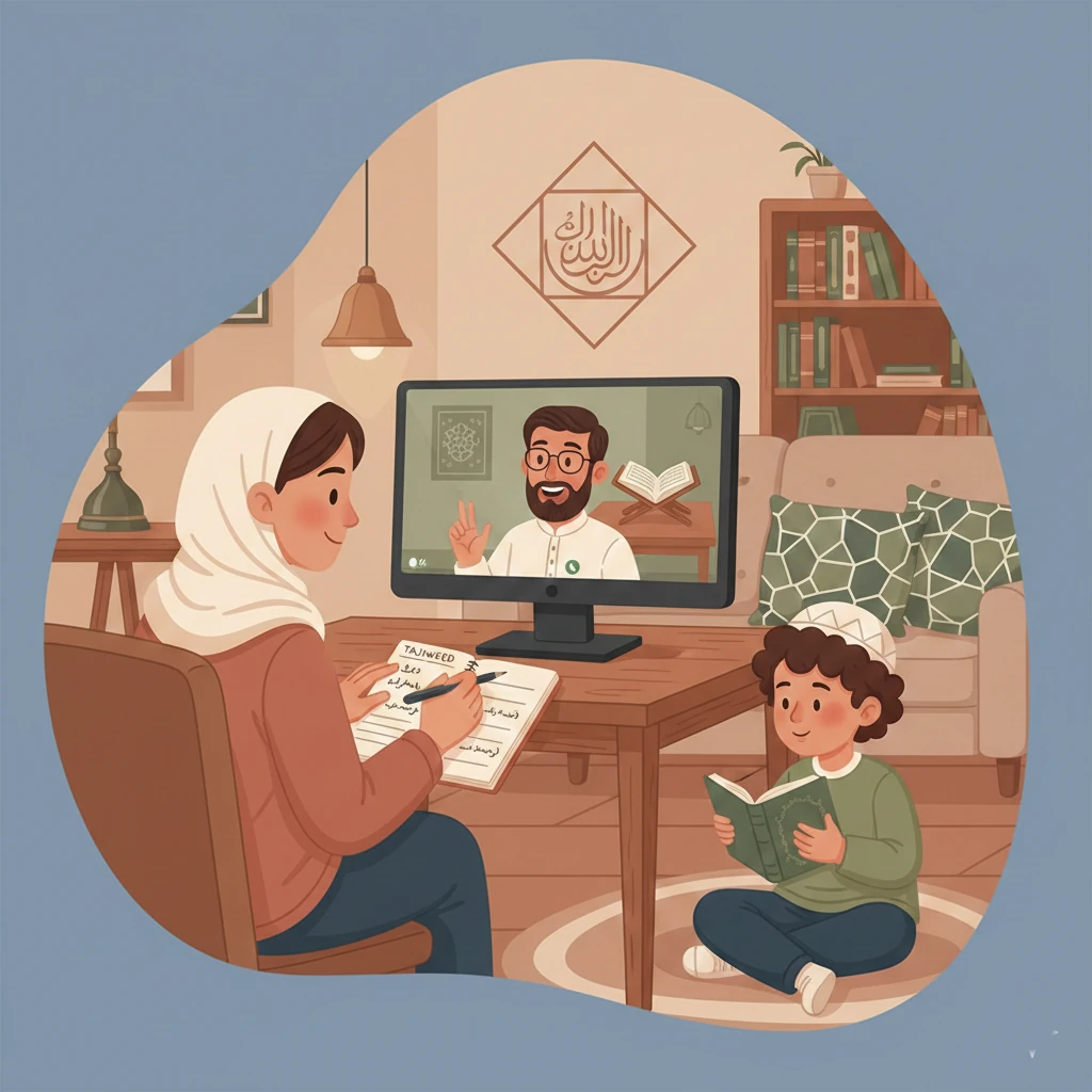 Parent communicating with online Quran teacher while child practices tajweed nearby