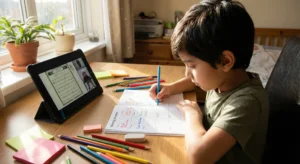 Child using a color-coded weekly planner to organize school tasks and Quran revision time at a bright study desk.