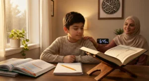 Child balancing school homework and Quran memorization at a study desk with soft evening light and a supportive parent in the background
