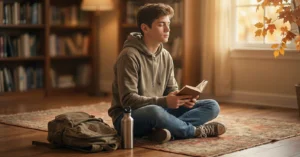 Student memorizing Quran with headphones during an after-school break, backpack and study items nearby in a calm setting.