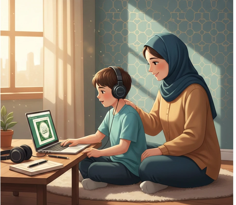 Parent guiding child during online Quran class at home with calm, encouraging presence