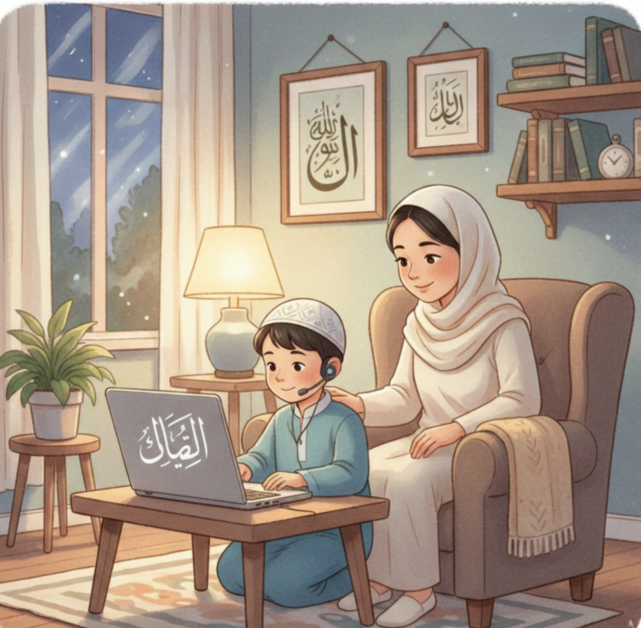 Child learning Quran online with a teacher through a tablet in a calm home environment