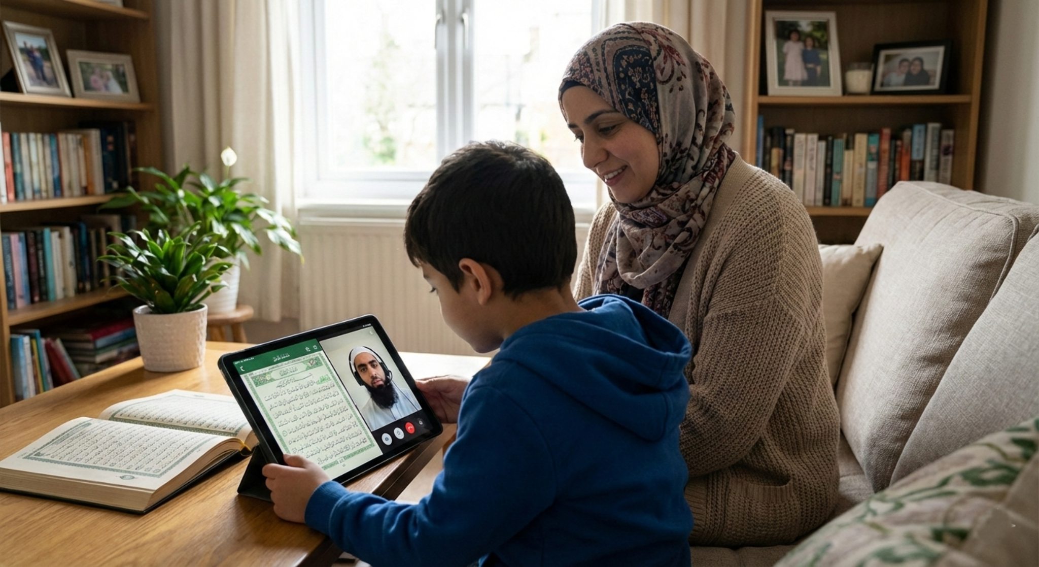Parent guiding child during an online Quran class at home