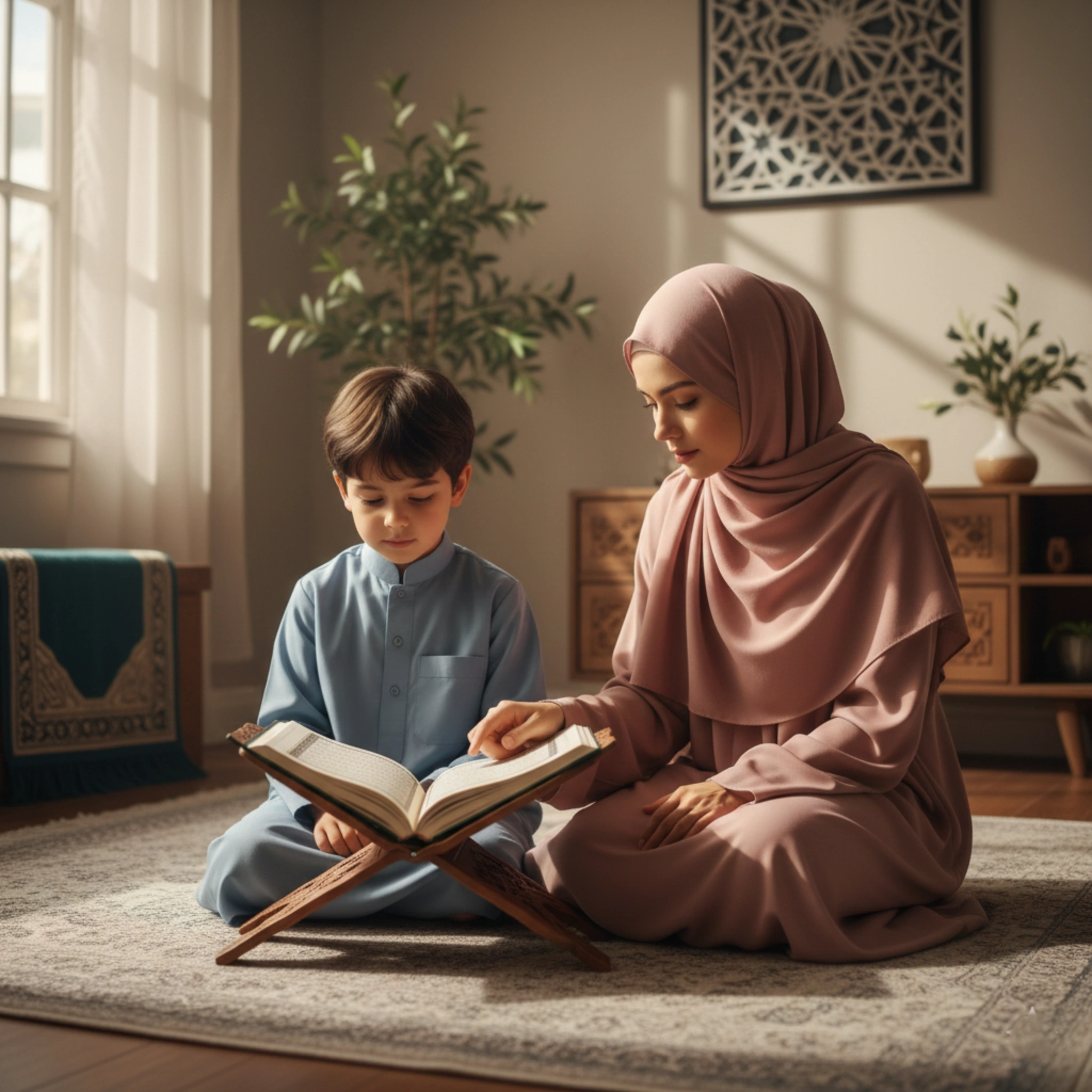 Parent gently guiding a child while reading the Quran together at home in a calm and loving environment