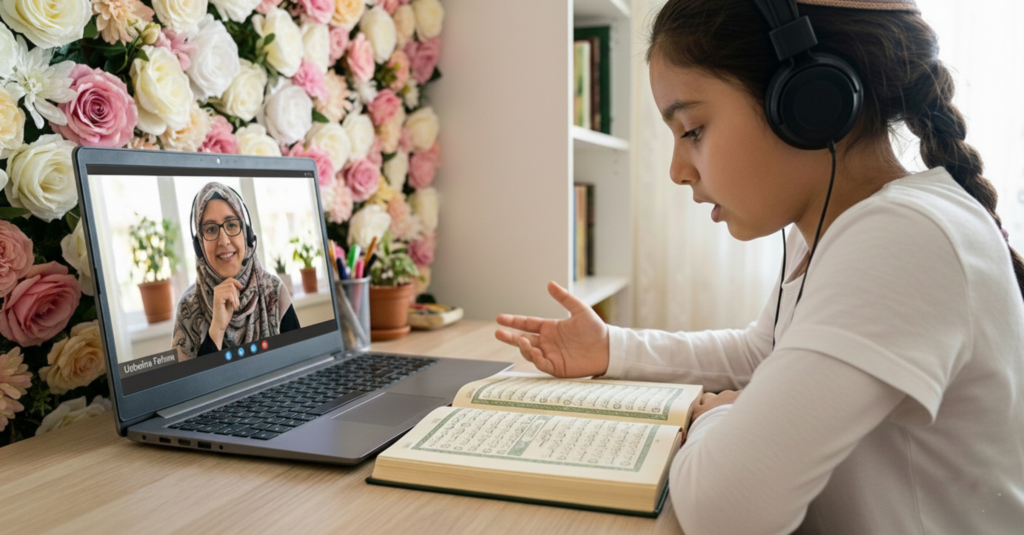Young child participating in a focused one-on-one online Quran session with a teacher on screen