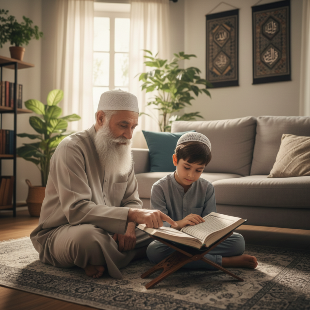 Child learning Quran at home with a personal tutor while a parent observes