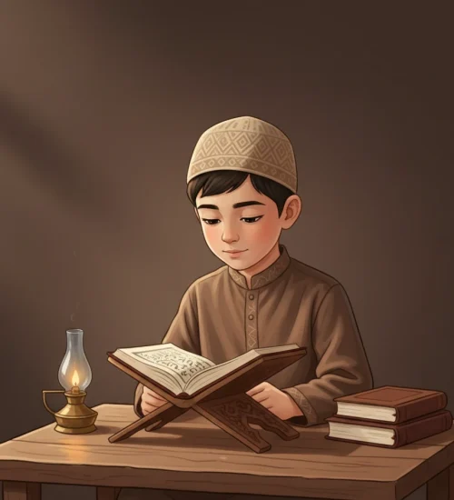 Young Muslim boy reading Quran on wooden rehal with lamp light - Islamic learning for children
